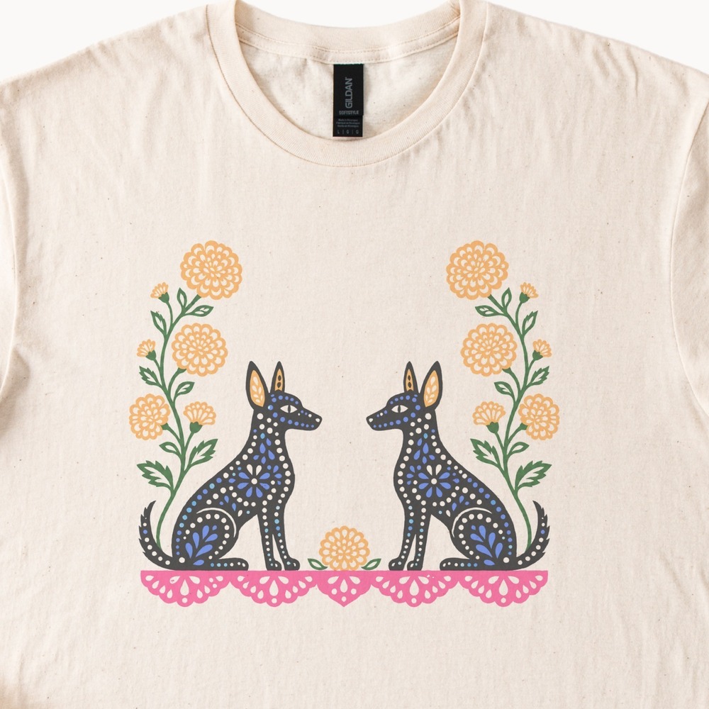 Hairless Dogs Facing Each Other in Folk Art Bloom Tee